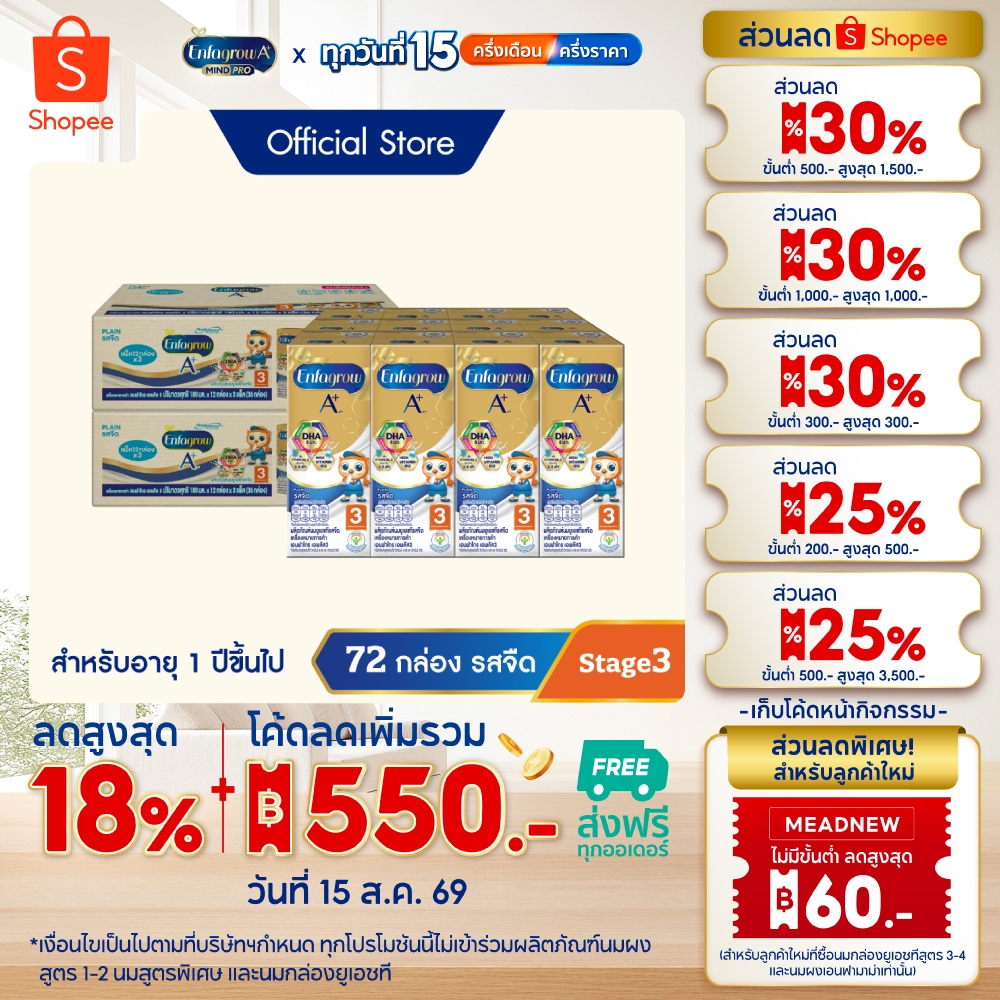 นมกล่อง เอนฟาโกร ยูเอชที สูตร3 ชนิดจืด (36 กล่อง) x2 ลัง Enfagrow UHT Stage3 Plain (36 boxes) x2 cases