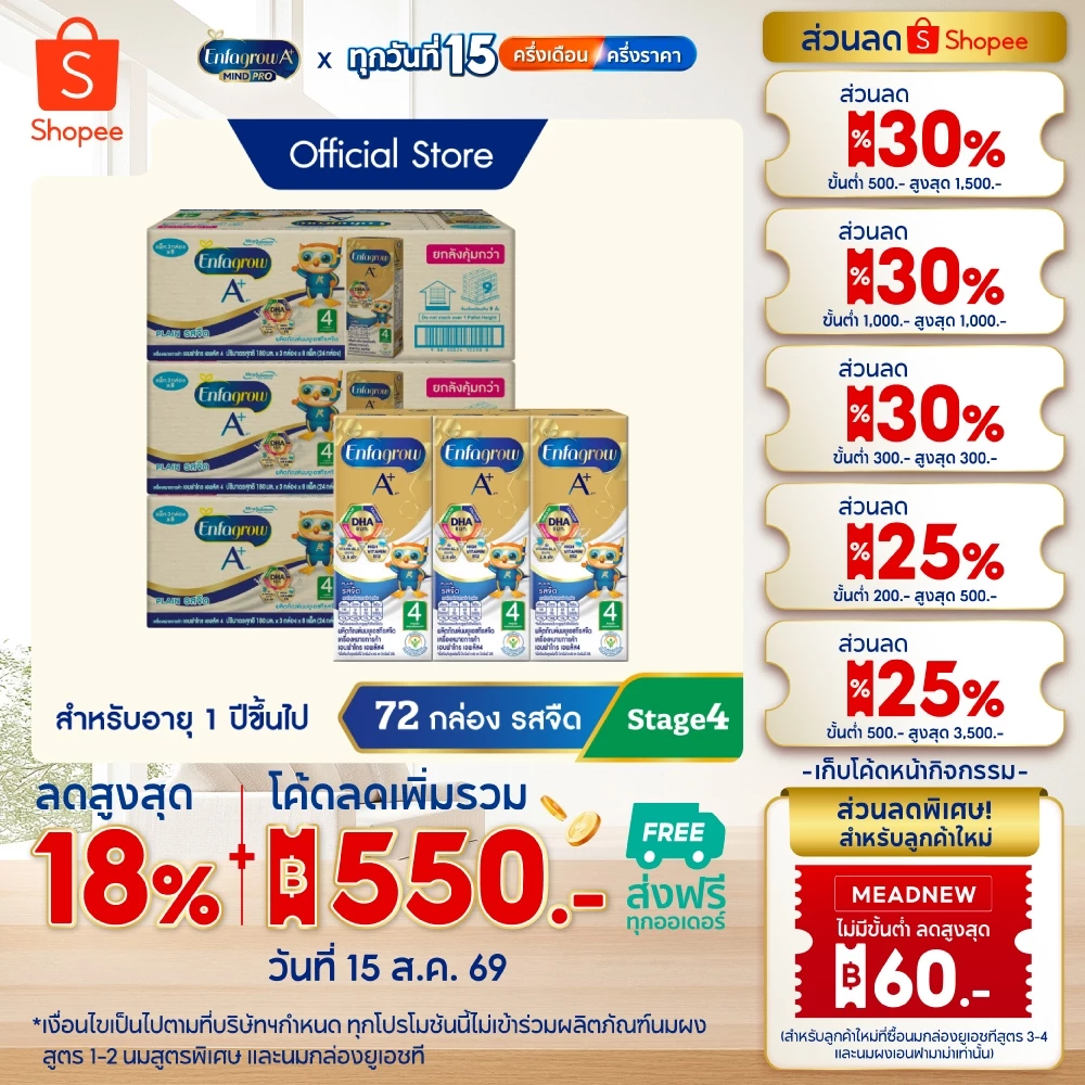 นมกล่อง เอนฟาโกร ยูเอชที สูตร4 ชนิดจืด (24 กล่อง) x3 ลัง Enfagrow UHT Stage4 Plain (24 boxes) x3 cases