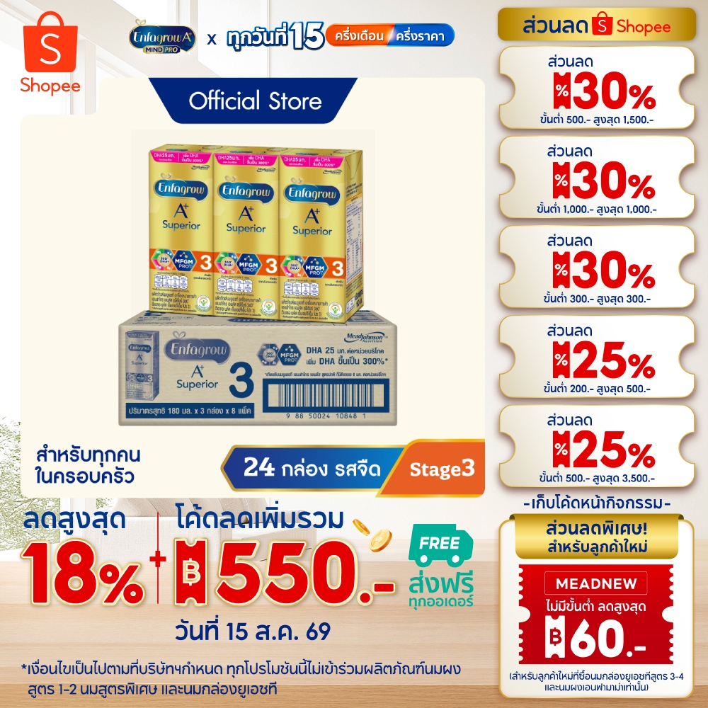 นมกล่อง เอนฟาโกร ยูเอชที ซุพีเรียร์ สูตร3 (24 กล่อง) Enfagrow UHT Superior Stage3 (24 boxes)