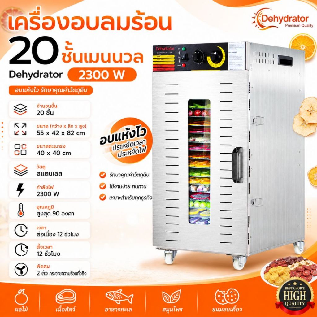 เครื่องอบลมร้อน 12/16/20/22ชั้น รับประกัน 1 ปี  แถมฟรีแผ่นซิลิโคน 10แผ่น เครื่องอบผลไม้ ตู้อบผลไม้ เตาอบ