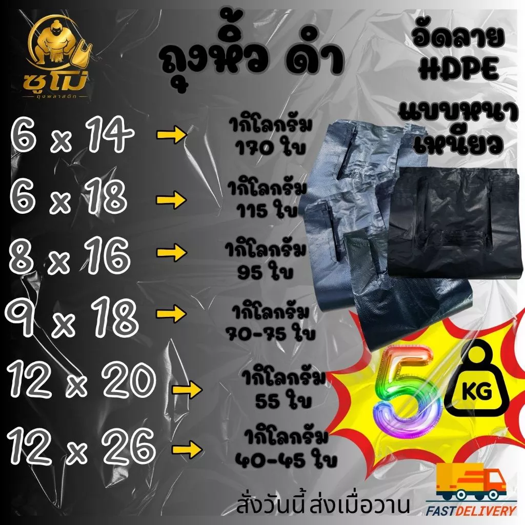 [5กิโลกรัม] ยกมัด แบบหนา ถุงหูหิ้วสีดำ อัดลาย กลิ่นไม่ฉุน หนา เหนียว รง.ผลิตเองค่าธรรมเนียมขึ้น แต่ร้านเราไม่ขึ้นราคา