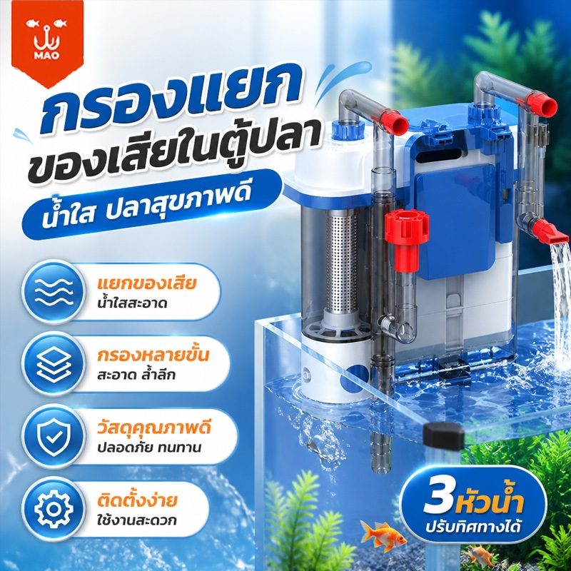 กรองแขวนตู้ปลา กรองหลายชั้น แยกมูลปลา ปรับแรงน้ำ 3 แบบ เสียงเบา ท่อน้ำฝน และสร้างคลื่นน้ำ