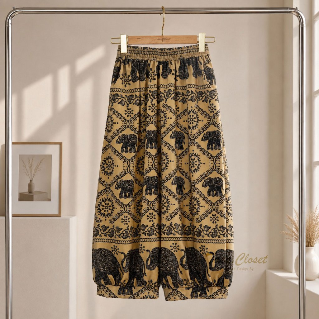 COM531.2 TARA Pants กางเกง 8 ส่วน ลายช้าง ทรงบอลลูน เอวยางยืด มีกระเป๋า 2 ข้าง เนื้อผ้าไหมอิตาลี ผ้าดี นุ่มลื่น ใส่สบาย