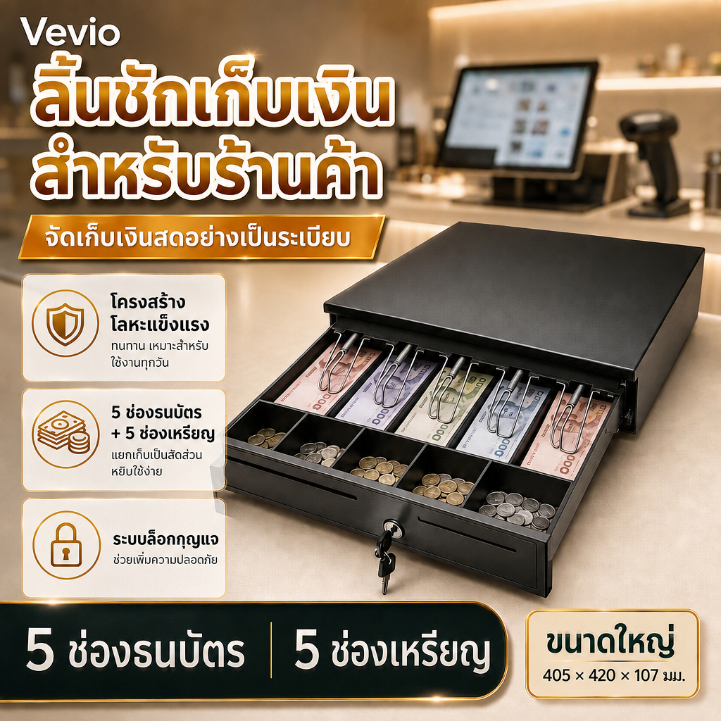 ลิ้นชักเก็บเงิน Cash Drawer ลิ้นชักใส่เงิน โลหะสีดำ พร้อมกุญแจ 2 ขนาด 335/405 มม.