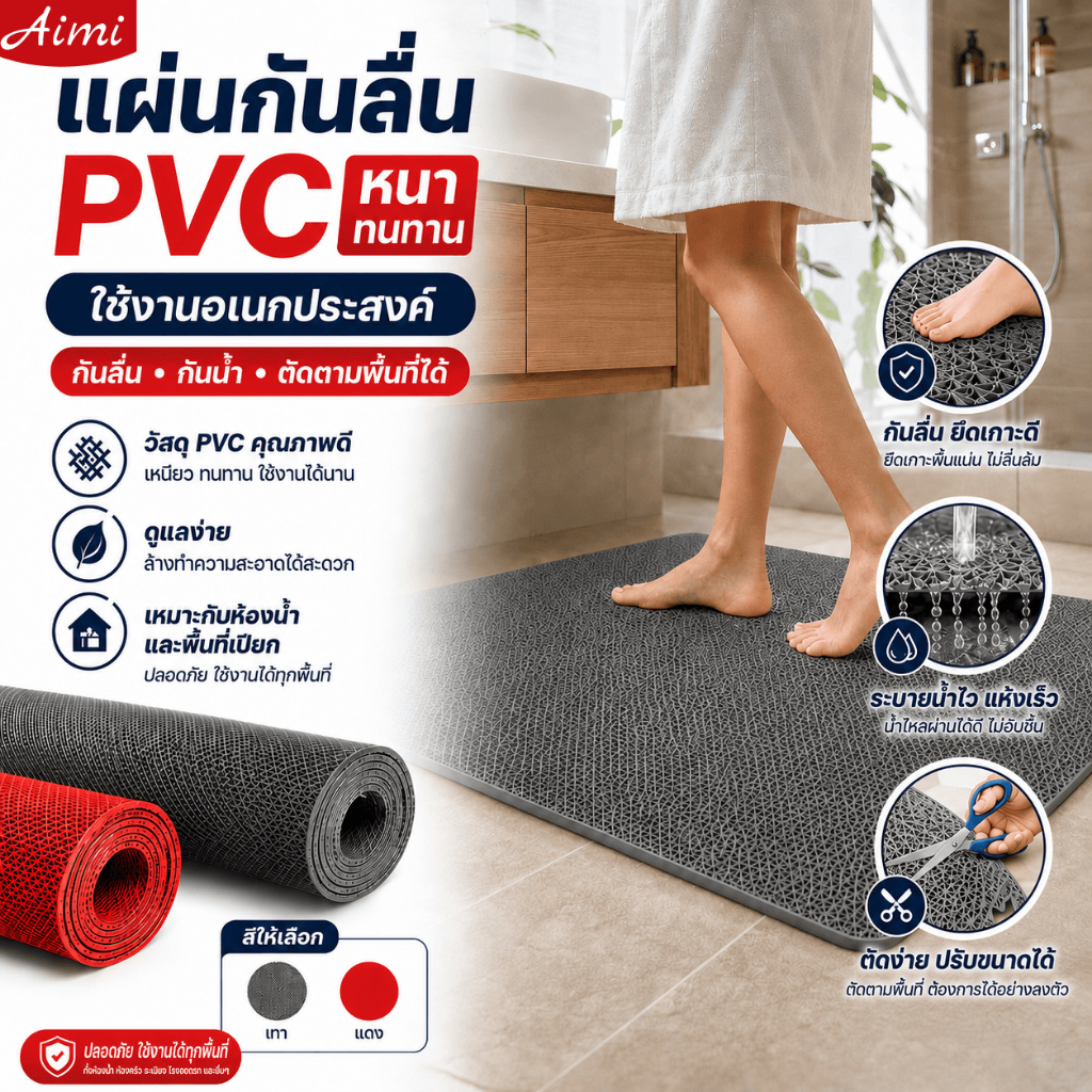Aimi แผ่นกันลื่นในห้องน้ํา PVC กันลื่น กันน้ำ ระบายน้ำไว แห้งเร็ว ตัดได้ ใช้ได้ห้องน้ำ ห้องครัว ระเบียง