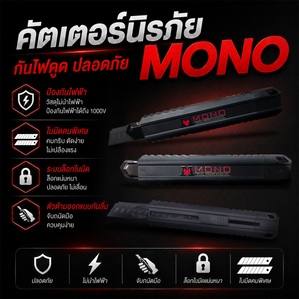 คัตเตอร์นิรภัย MONO ลดความเสี่ยงและป้องกันไฟดูด ขนาดมาตรฐาน 18mm. :โอเคอะไหล่แอร์