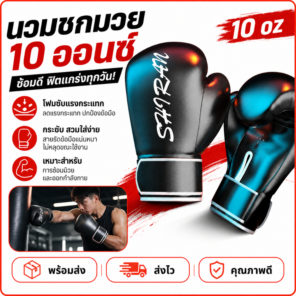 รุ้นใหม่ นวมชกมวย นวมผู้ใหญ่ นวมเด็ก นวมมวยไทย นวม นวมซ้อมมวย MMA 8-10OZ วัสดุPU