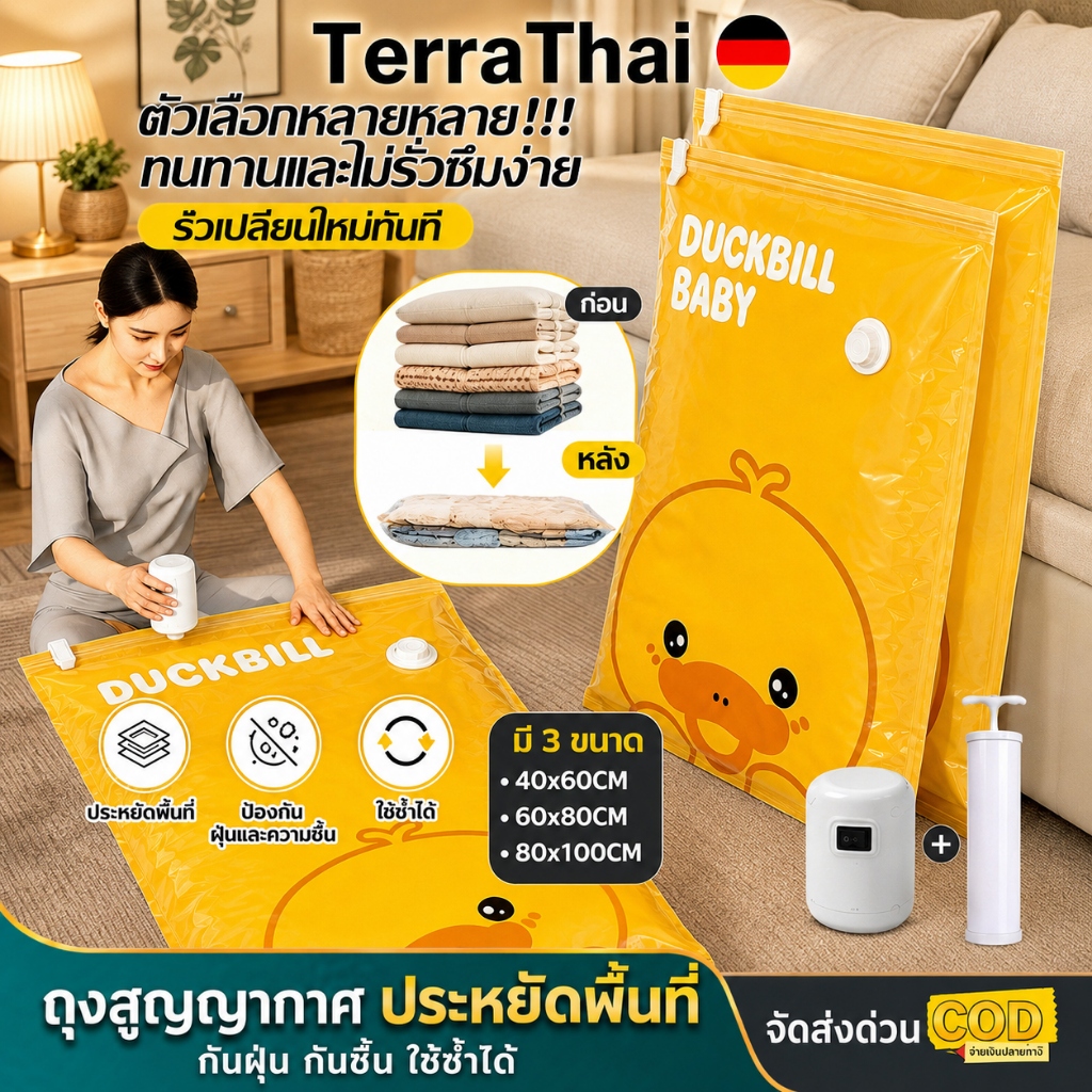 Terrathaiถุงบีบอัดสูญญากาศ VacuumBagเก็บเสื้อผ้าผ้าห่มผ้านวมจัดเก็บของกระชับพื้นที่แพ็คของเดินทางถุงใส่เสื้อผ้าพกพาทนทาน