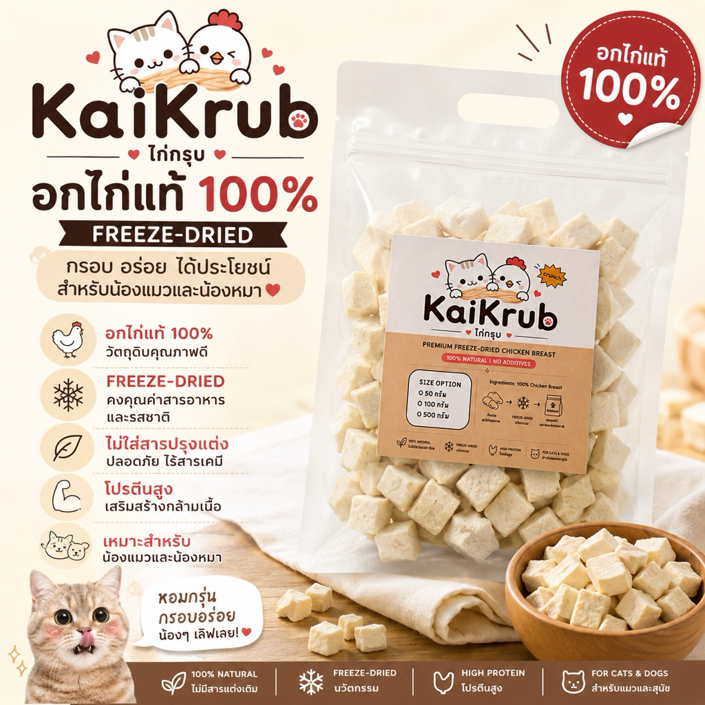 ไก่กรุบ-อกไก่เต๋าฟรีชดรายขนาด 100 กรัม
