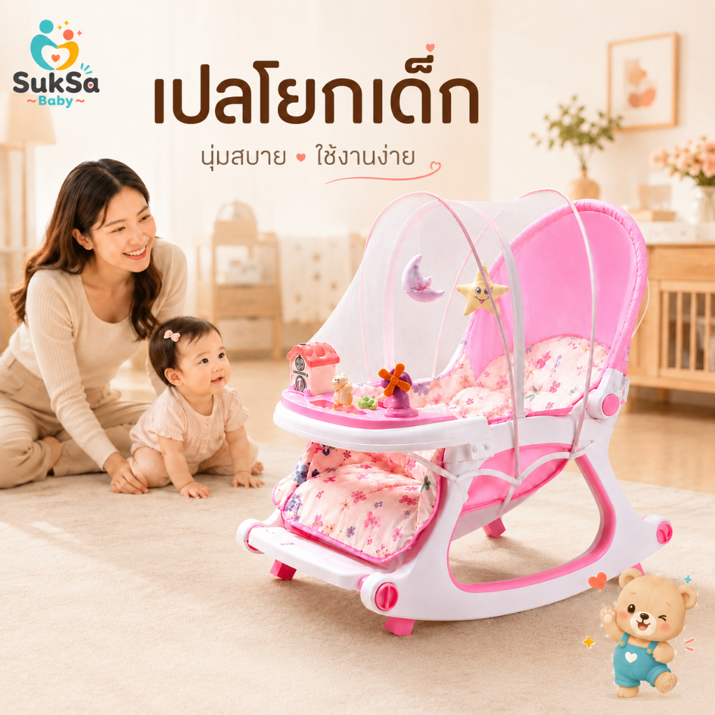 เก้าอี้โยกเด็ก เปลโยกเด็ก พร้อมของเล่น ถาดกว้าง มีล้อเข็น เคลื่อนย้ายง่าย รับน้ำหนัก 30 กก.