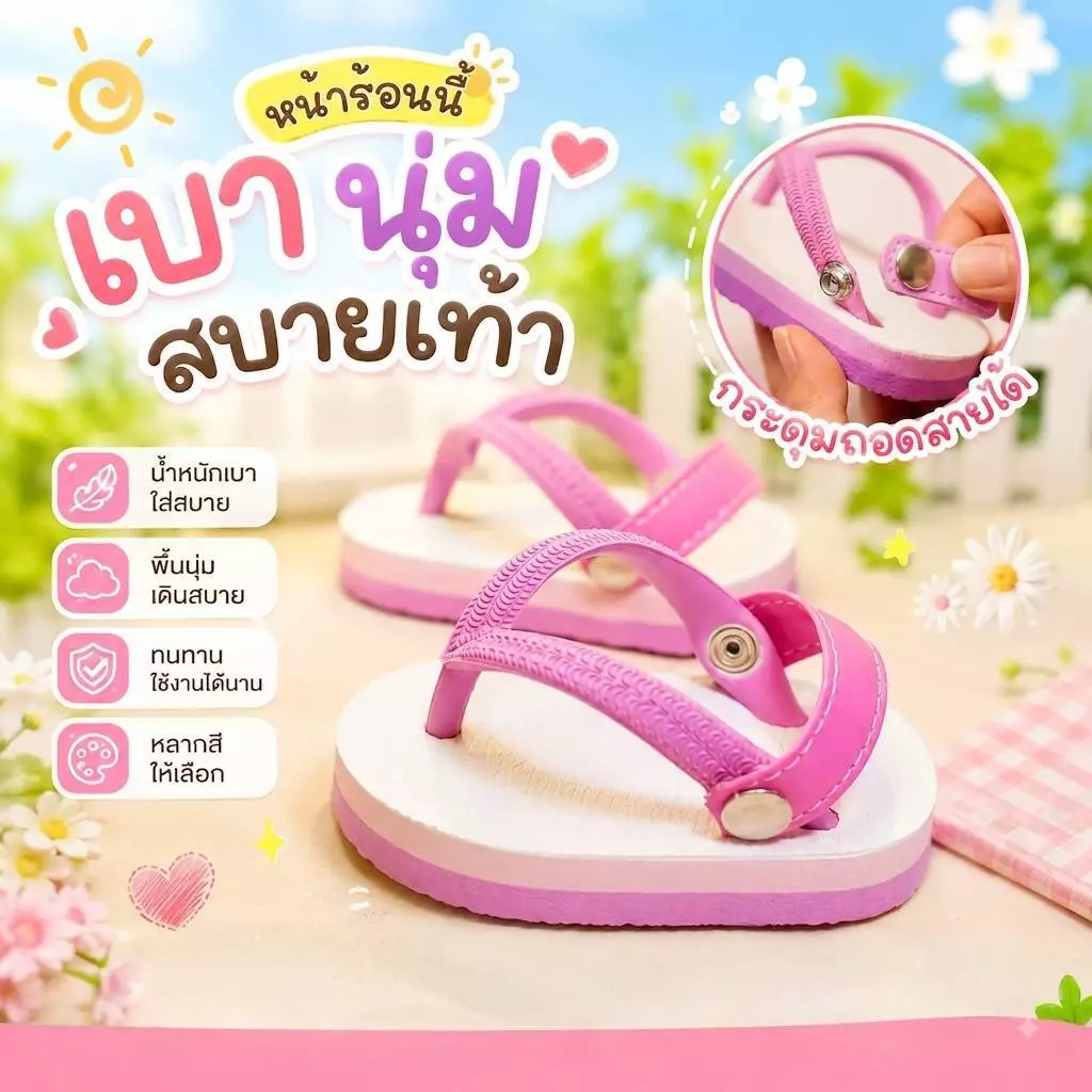 รองเท้าแตะเด็ก สไตล์ ช้างดาวจิ๋ว สีชมพู (รัดส้นรุ่นกระดุม ถอดสายได้)