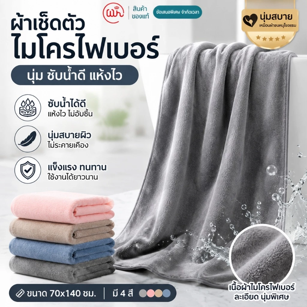 【WH】ผ้าเช็ดตัว ผ้าขนหนูไมโครไฟเบอร์ ผืนใหญ่ 70x140 ซม. นุ่มพิเศษ ซับน้ำดี แห้งเร็ว ไม่เป็นขุย อ่อนโยนต่อผิว