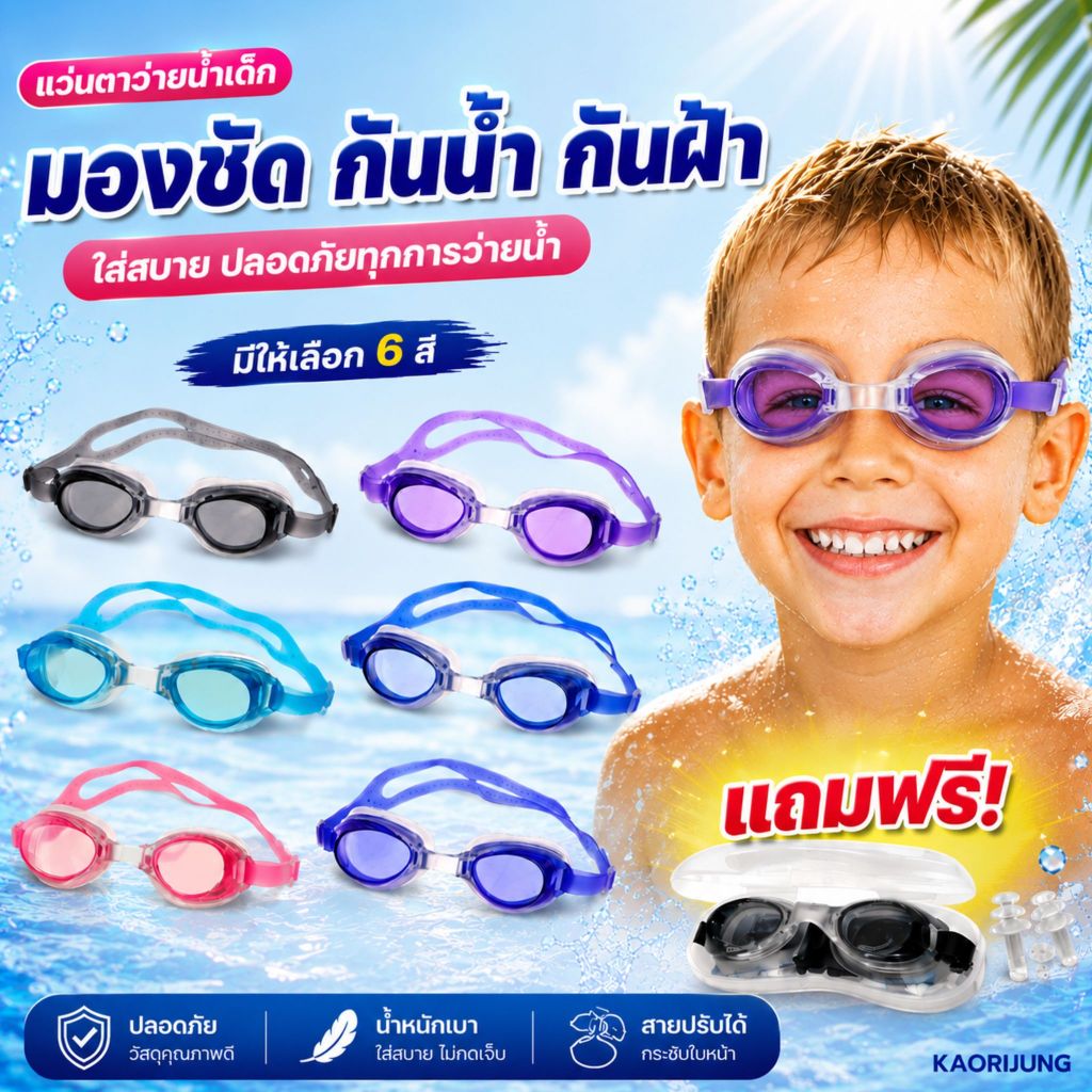 แว่นตาว่ายน้ำเด็ก หลากสี กันUV ใส่สบาย กันฝ้า 2005