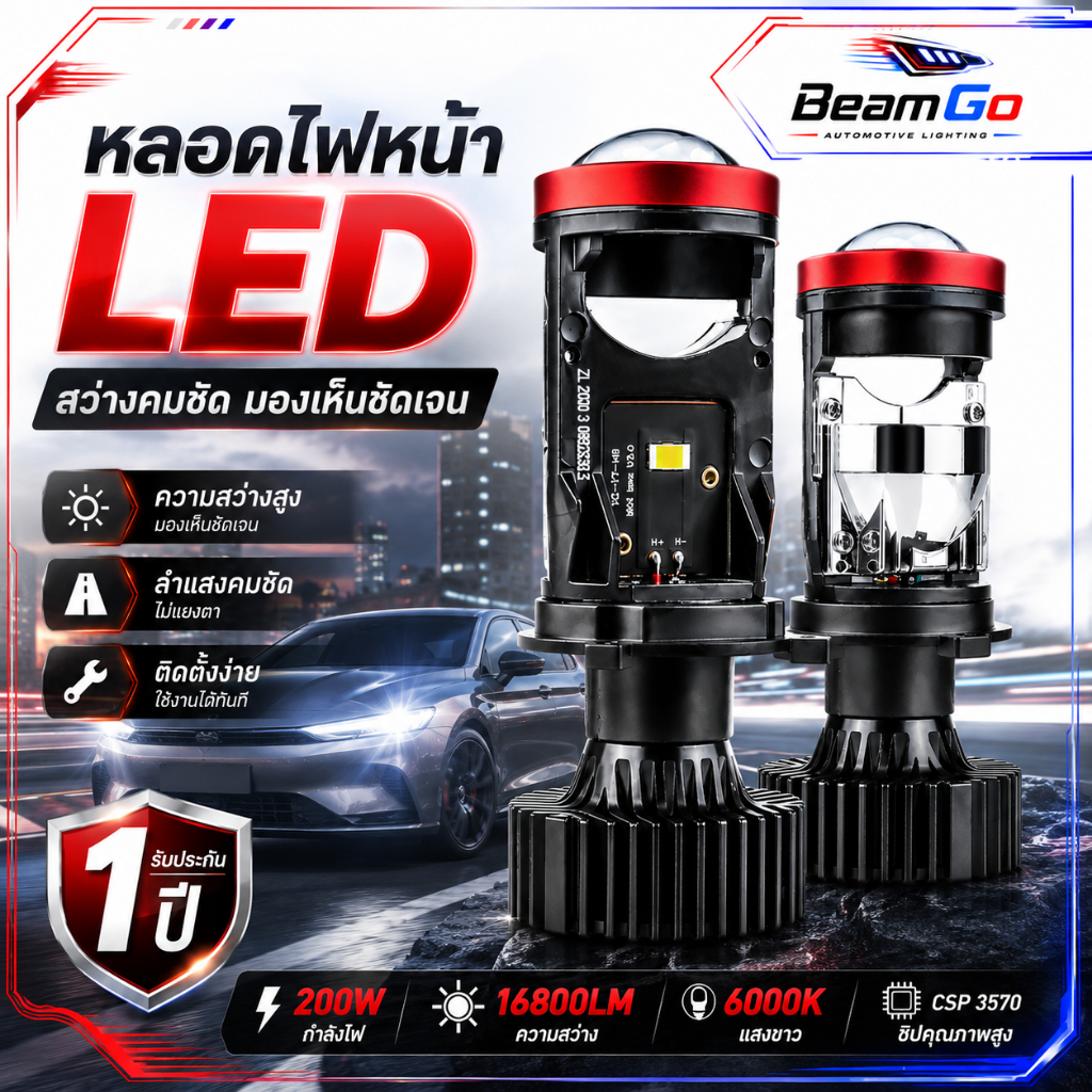 1คู่ หลอดไฟหน้า LED รถยนต์ Y8/Y9 H4 16800LM/คู่ 200W/คู่ แสงขาว 6500K ลำแสงคมชัด ไม่ฟุ้ง ไม่แยงตา ติ