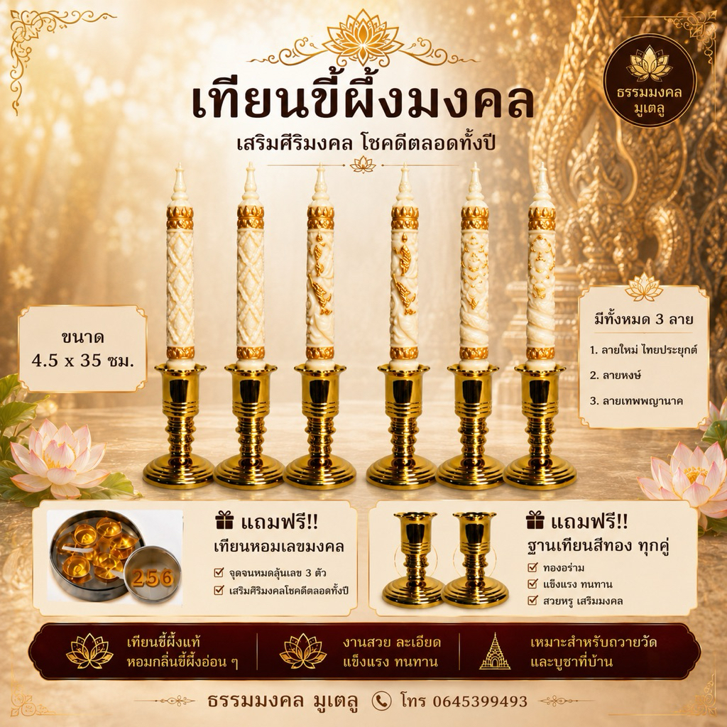 เทียนขี้ผึ้งแท้ ลายใหม่ 2569 ขนาด 4.5 x 35 ซม. แถมฟรี! ฐานเทียน, ขี้ผึ้งเลขมงคล *ลูกค้าสามารถเลือกสีฐานได้ที่ตัวเลือก*