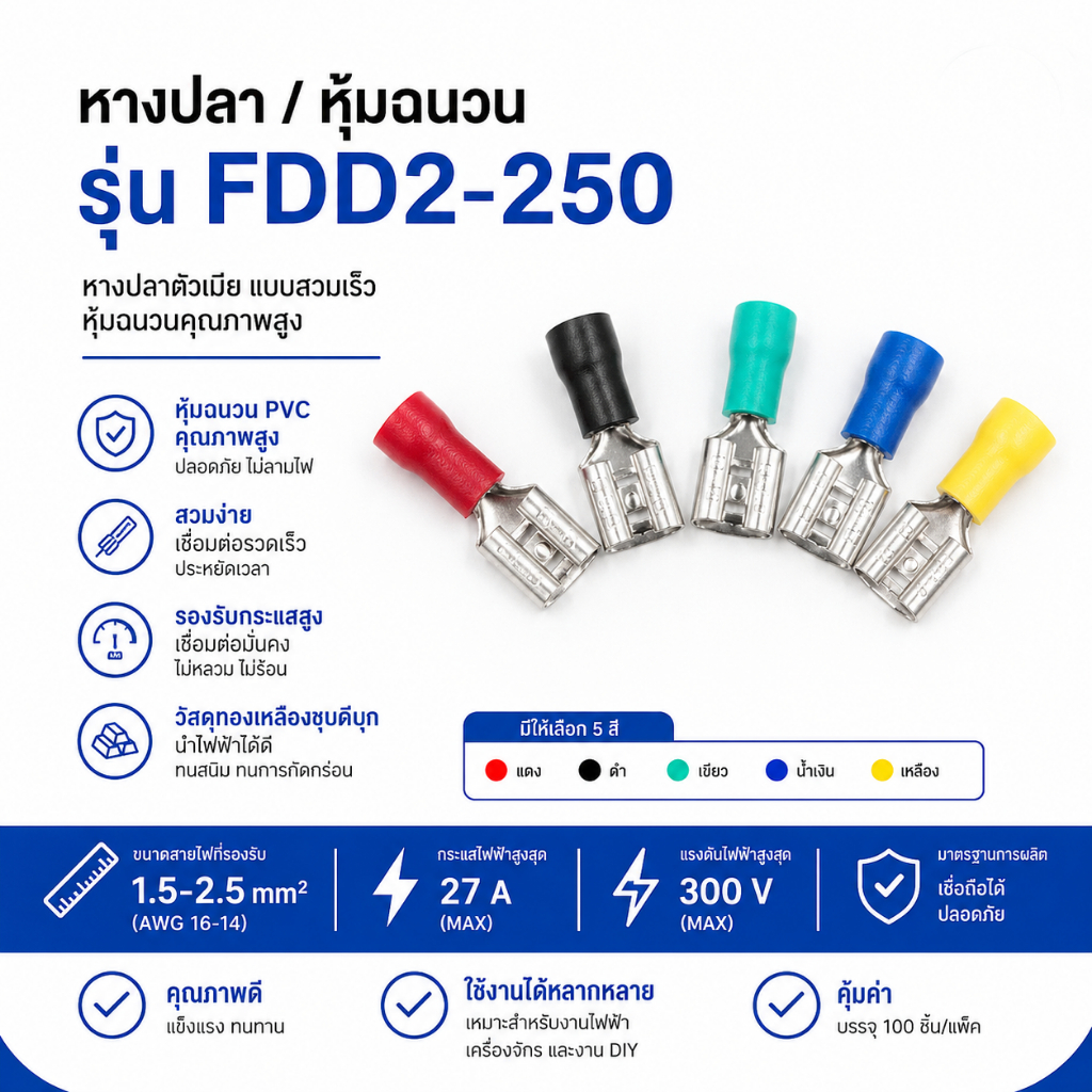 FDD2-250 6.3mm หางปลาเสียบแอร์ตัวเมีย 100ชิ้น Faston Terminal สาย 1.5-2.5mm 15A เลือกสี