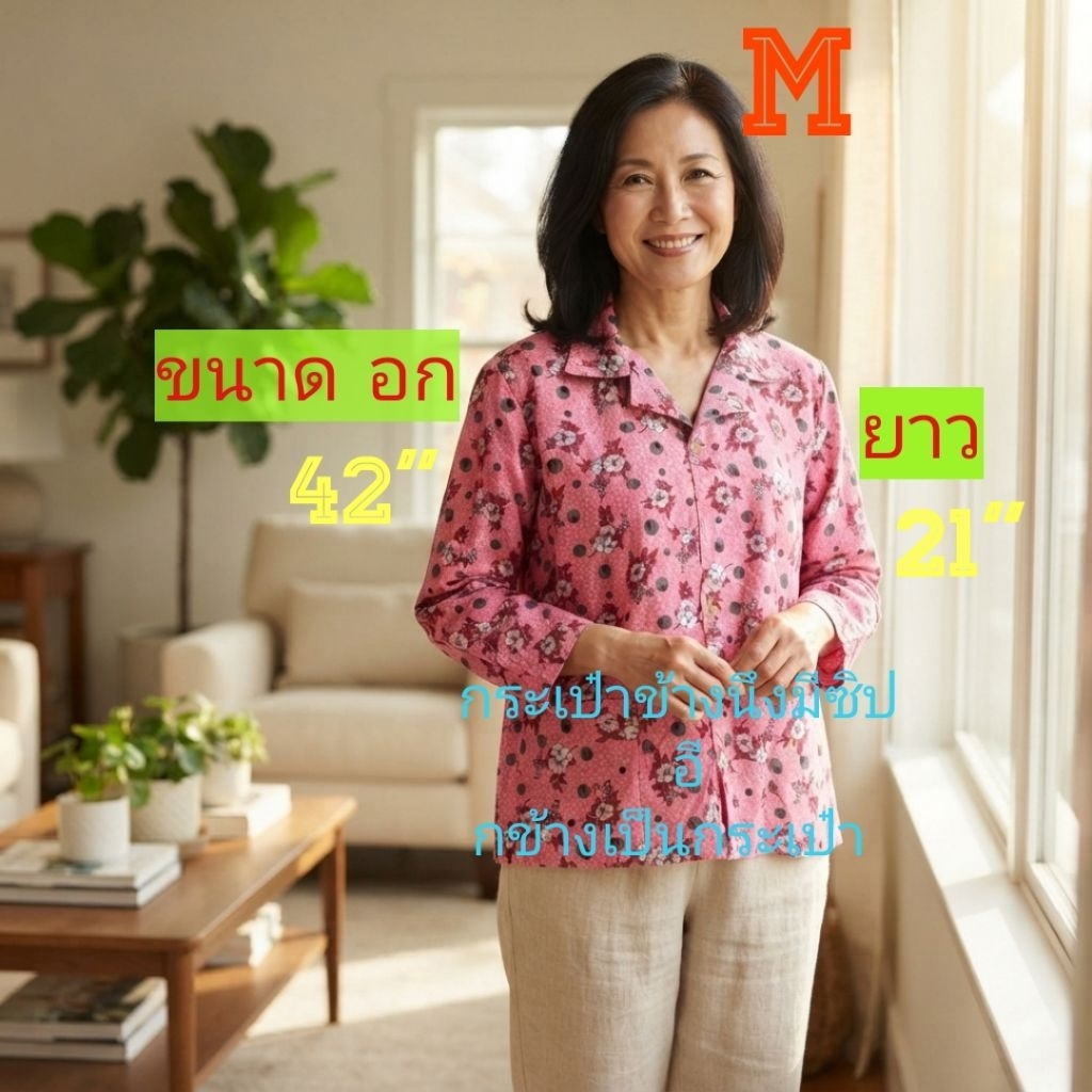 #E6(Size M)เสื้อคนแก่ คอปก แขน 7ส่วน กระเป๋าข้างนึงมีซิป อี กข้างเป็นกระเป๋า(ขนาด อก= 42" , ยาว=21")
