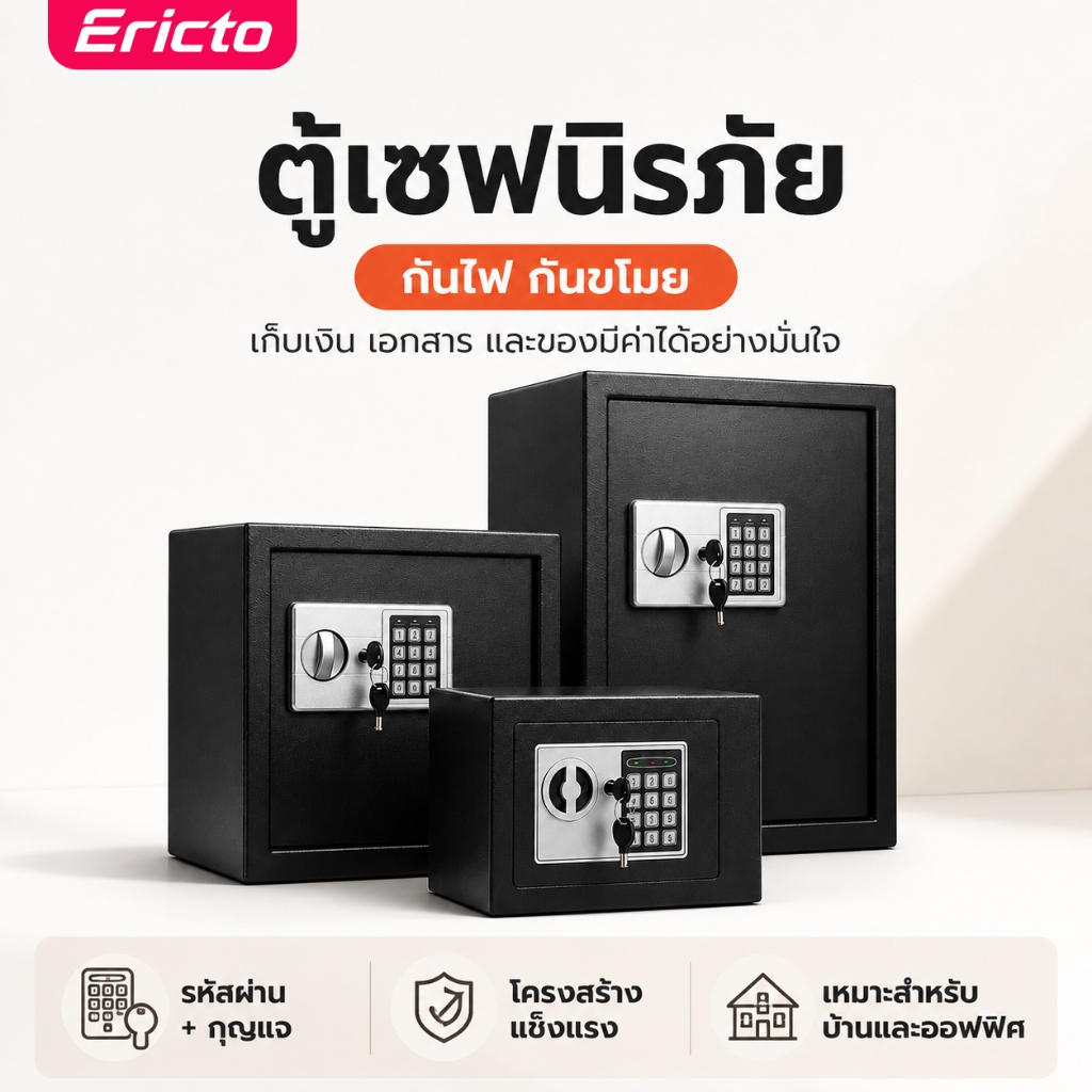 ตู้เซฟ ตู้เซฟนิรภัย ดิจิตอล Safe Box รหัสผ่าน+กุญแจ สีดำ สำหรับบ้าน ออฟฟิศ
