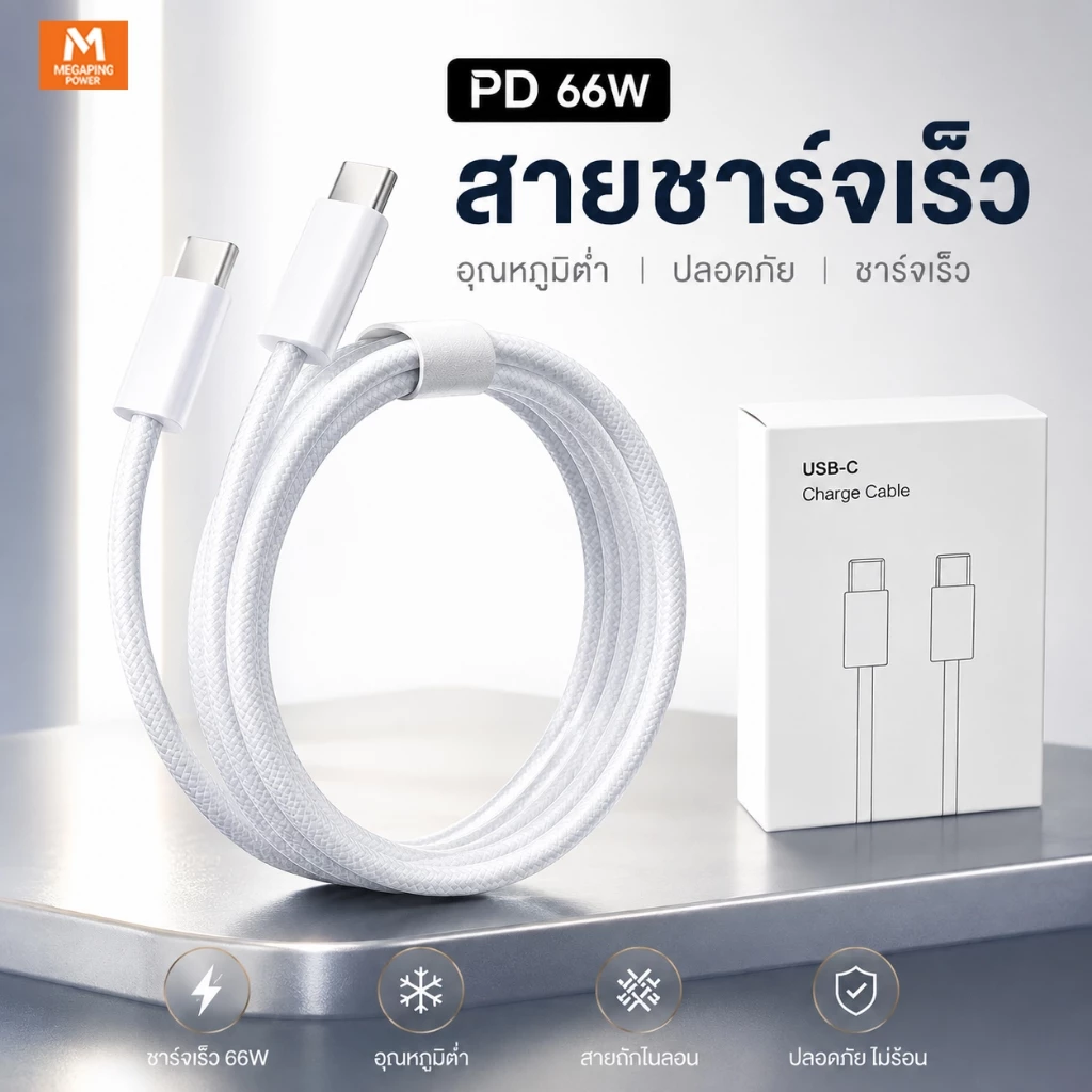 สายชาร์จ ชาร์จไว PD 66W สายยาว 1/1.5 /2เมตร USB-C to Type-C ชาร์จเร็วสำหรับ iPhone 15/16/17 ProMax