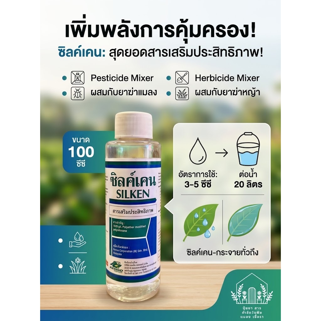 ซิลค์เคน (Silken) (ขนาด100ซีซี) สารจับใบซิลิโคนแท้ สูตรเข้มข้น แผ่กระจายไว ทนการชะล้างของฝน