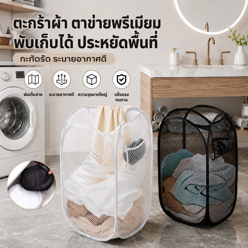 3PCSตะกร้าใส่ผ้าพับได้ ตะกร้าผ้าพับได้ ตะกร้าตาข่ายมัลติฟังก์ชั่น เก็บเสื้อผ้า พับเก็บสะดวก แบบตาข่ายยืดหยุ่นจุของได้เยอ