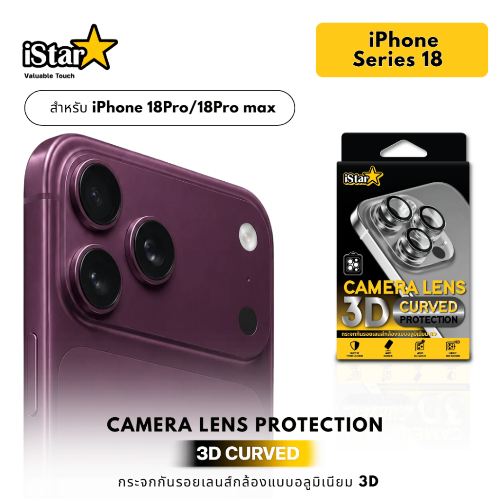 iStar ฟิล์ม เลนส์กล้อง ฟิล์มกระจก กันรอย 3D For iphone 18ProMax 18Pro
