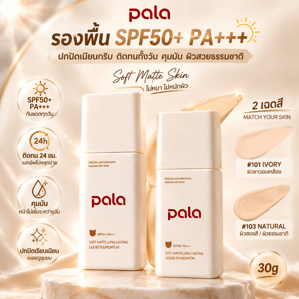 PALA รองพื้น SPF50+ PA+++ 30g รองพื้นพาลา ปกปิดเนียนกริบ ล็อคเมคอัพ ติดทนนาน คุมมัน กันแดด ผิวฉ่ำโกลว์