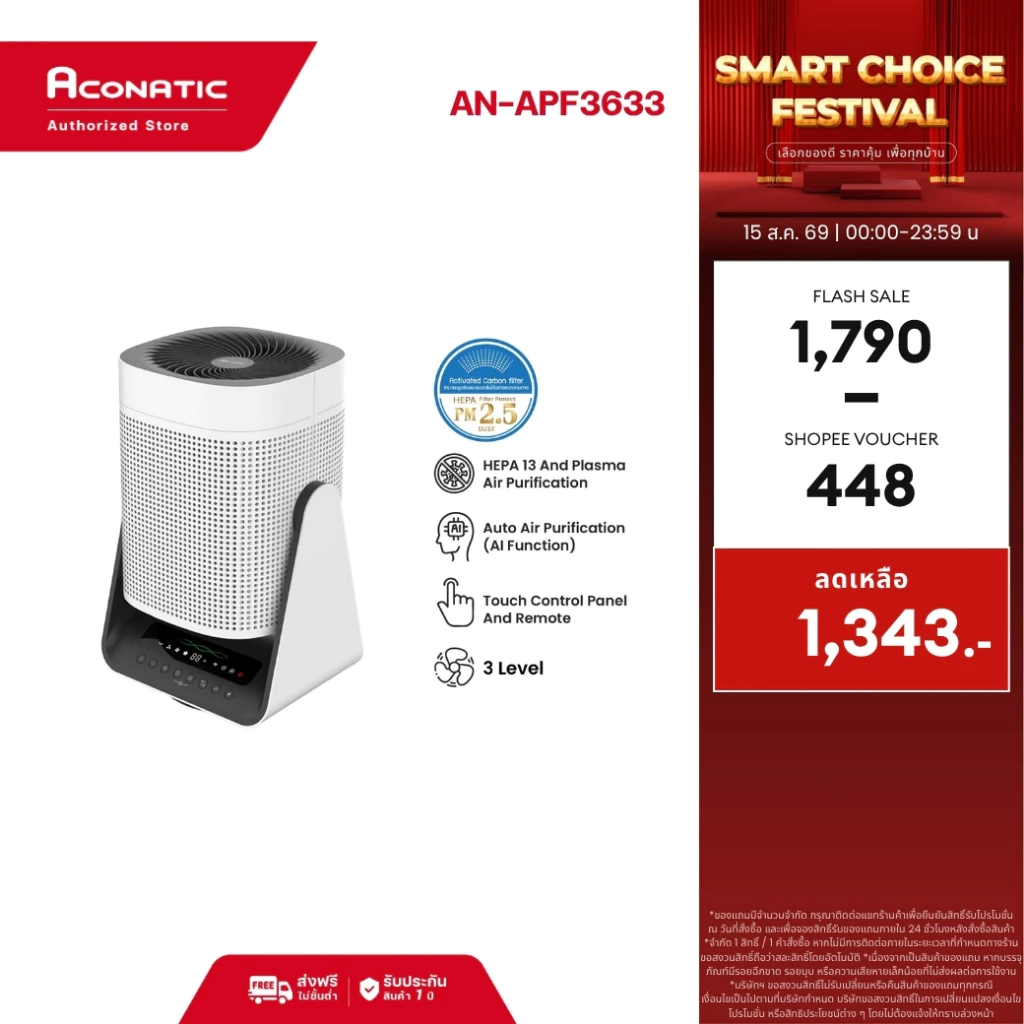 ใหม่ Aconatic เครื่องฟอกอากาศ Air Purifier รุ่น AN-APF3633 ฟิลเตอร์ HEPA 13 CADR 160m³/h Child Lock
