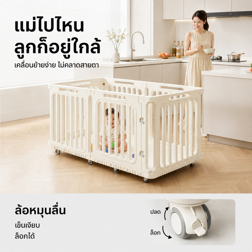 คอกกั้นเด็ก คอกเด็ก มีล้อ มีประตู พร้อมเบาะรองคลาน 4 ซม เคลื่อนย้ายง่าย