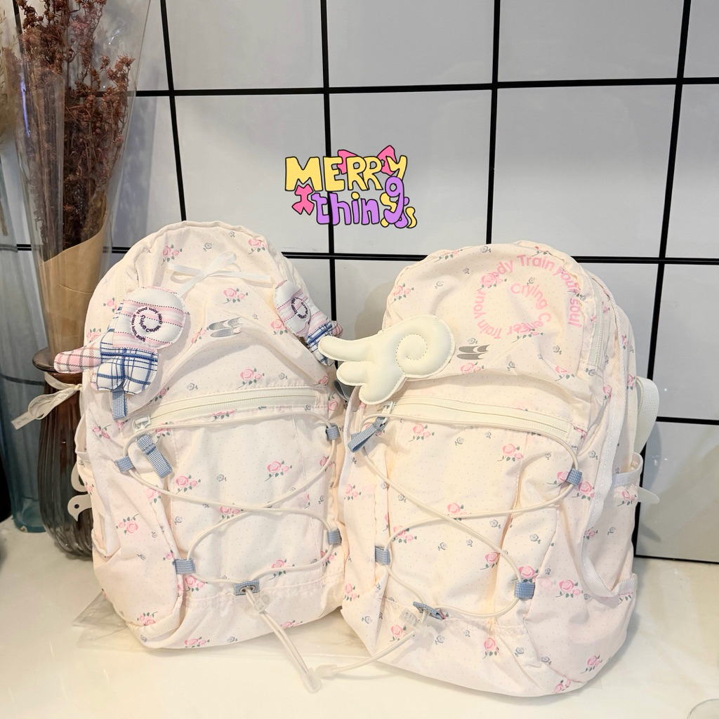 Crying Center🌸พร้อมส่ง Floral Backpack กระเป๋าเป้ ลายดอกไม้ไนลอน ติดปีก🪽จากช็อปแท้💯