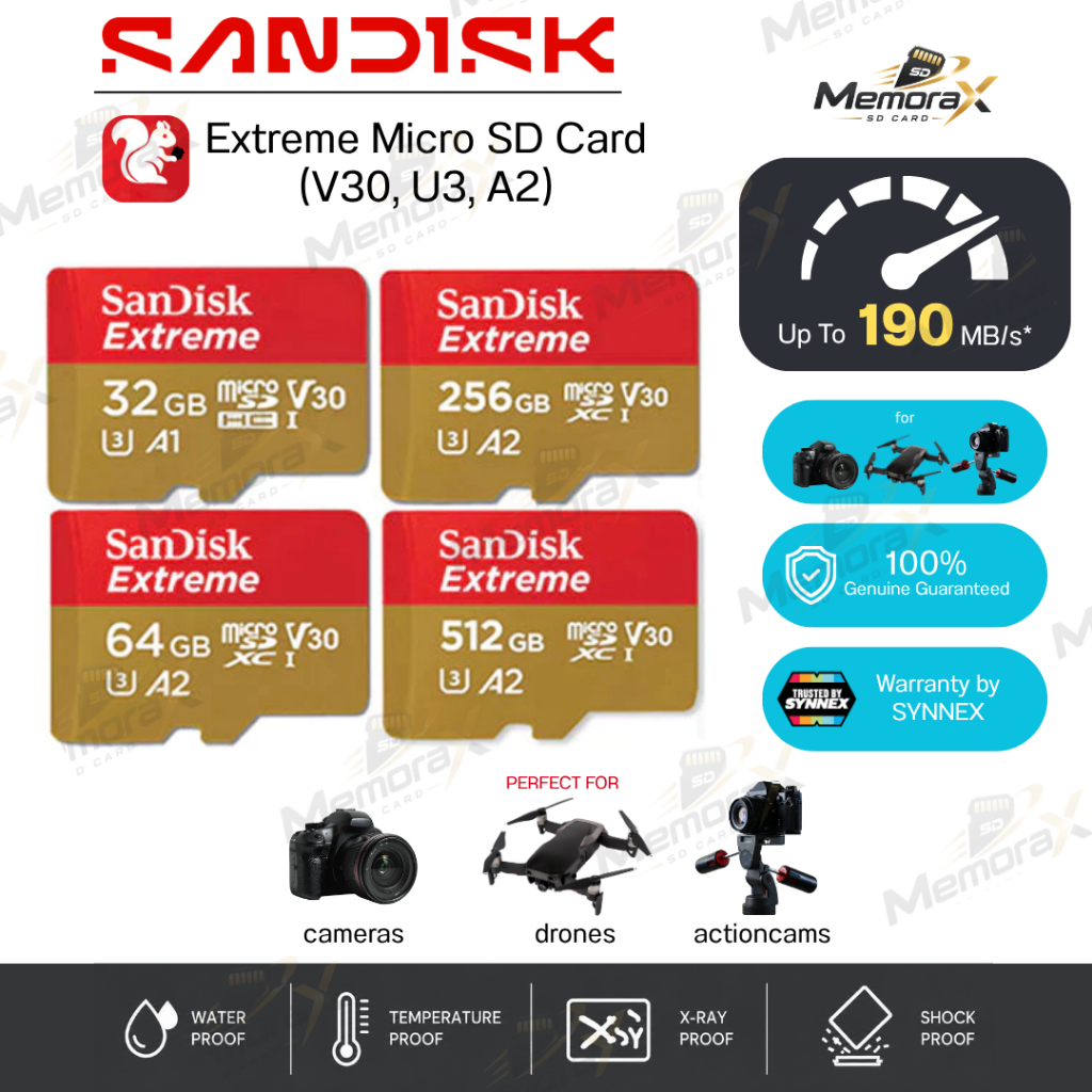 การ์ดหน่วยความจำ SanDisk Extreme microSDXC 16GB/32GB/64GB128GB/256GB/512GB/1TB V30 U3 C10 A2 170MB/s R 80MB/s W Red-Gold