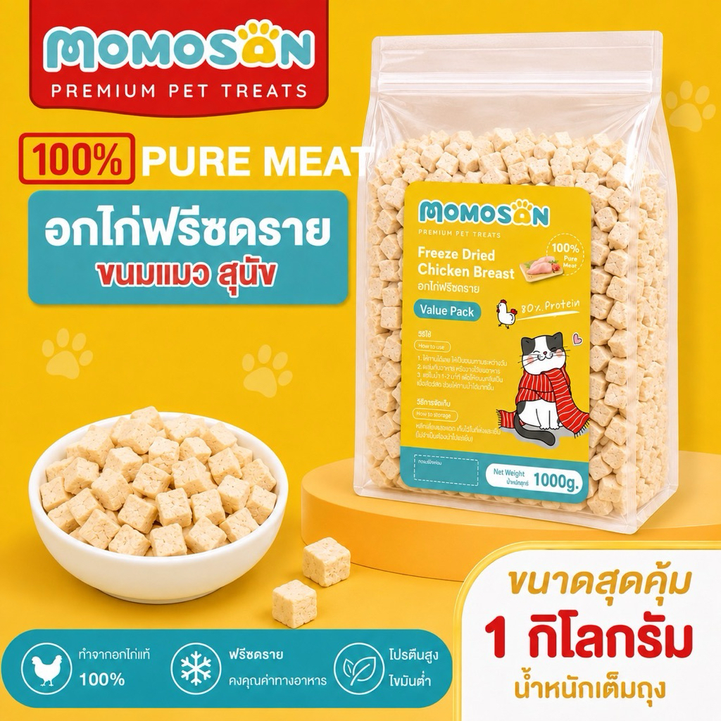 อกไก่แมว Momosan อกไก่ฟรีซดราย [1 กิโลกรัม] อกไก่เต๋า เนื้อสด100% แพ็คสุดคุ้ม อาหารหมา อาหารแมวบำรุงขน ขนมหมา ขนมแมว 1kg
