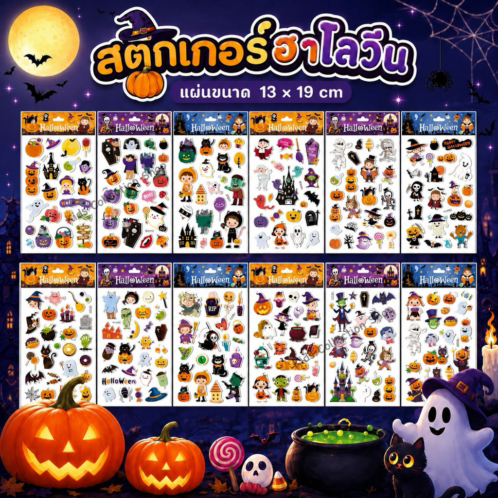 สติ๊กเกอร์ฮาโลวีน แผ่นใหญ่ 13x19 cm ผิวหนามันวาวเล่นแสง ลอกออกติดซ้ำไม่ขาดง่าย ชิ้นใหญ่จับถนัดมือ สีสันสดใสลายน่ารัก