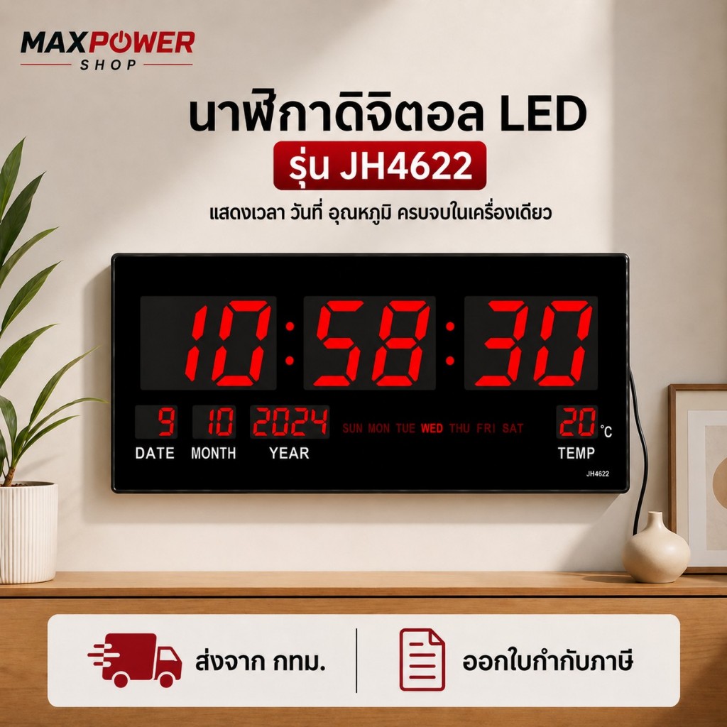 นาฬิกาดิจิตอล LED DIGITAL CLOCK แขวนติดผนัง ขนาดใหญ่ 46 X 22 X 3 CM ตัวเลขสูง 7.5cm รุ่น JH-4622