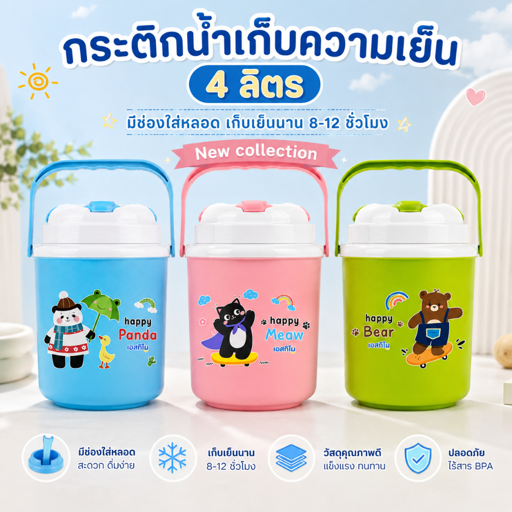 4L WR กระติกกลม กระติกน้ำพกพา 4 ลิตร เก็บเย็น 812 ชั่วโมง มีช่องใส่หลอด กระติกน้ำแข็ง สำหรับ พกพาไปเที่ยว ไปทริป HC380