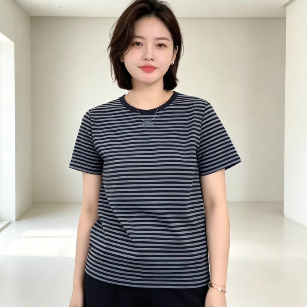เสื้อยืดแขนสั้นเกรดพรีเมียมสำหรับผู้หญิง โดดเด่นด้วยดีไซน์ลายทางแบบคัลเลอร์บล็อก (color-block) เป็นเสื้อที่ดูมีสไตล์ เป็