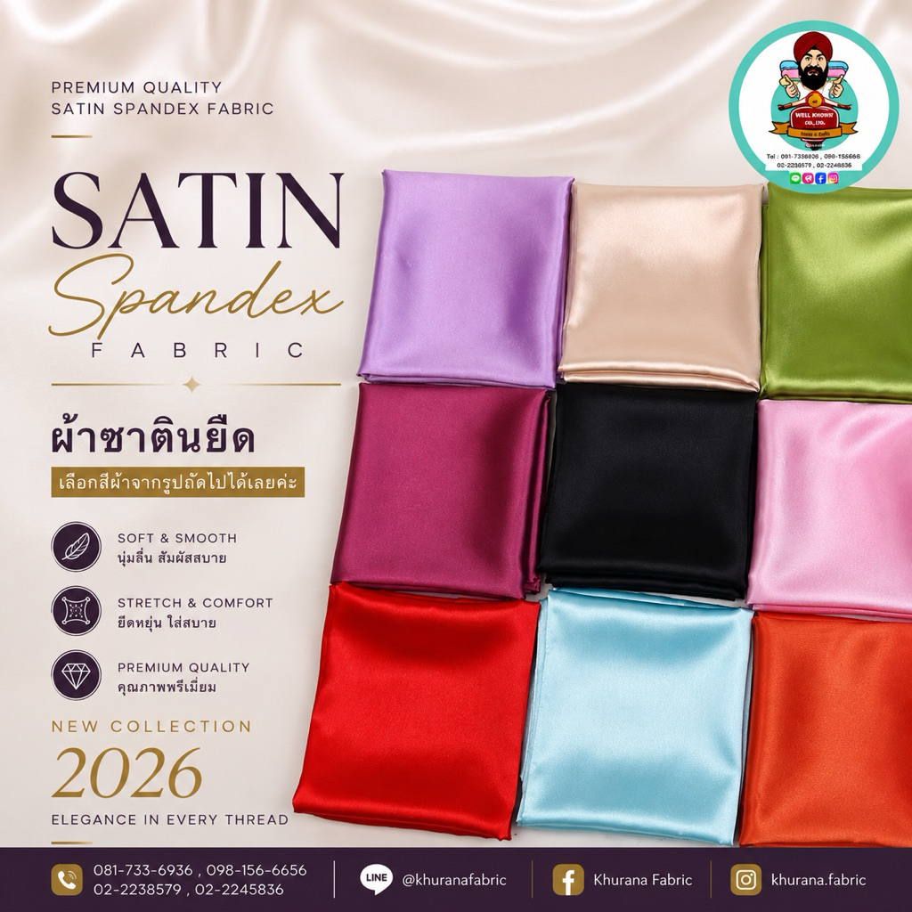 ผ้าซาตินยืด Satin fabric(แจ้งสีทางแชท หรือหมายเหตุได้เลยค่ะ)สั่งซื้อขั้นต่ำ2หลา