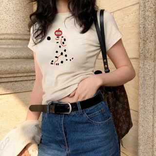 (COD ส่งจากไทย) baby tee เสื้อที-เชื่อผ้าฝ้ายแบบอเมริกันสำหรับผู้หญิง สไตล์แขนสั้น สีซันมีการพิมพ์ลายลักษณะ สำหร