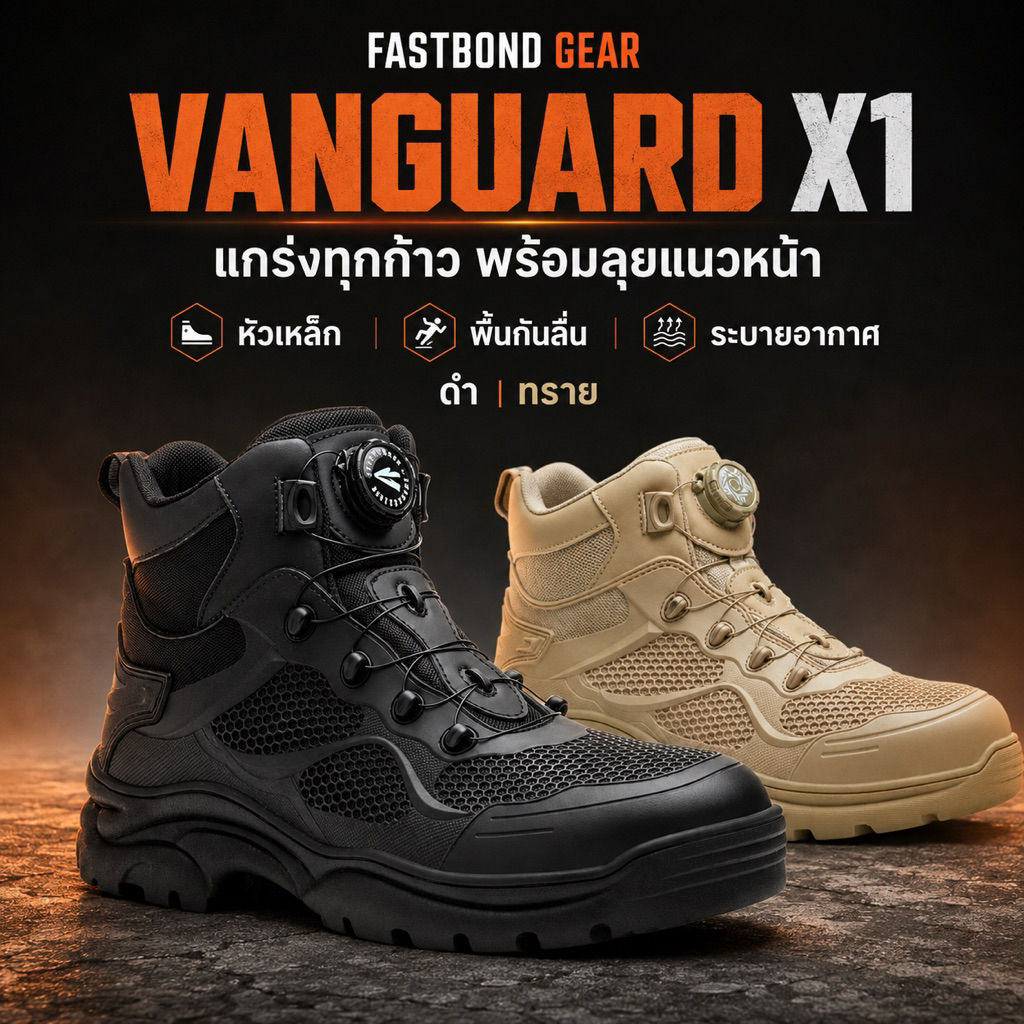 FASTBOND VANGUARD X1 รองเท้ายุทธวิธีเซฟตี้หัวเหล็ก ระบบหมุน พื้นกันลื่น น้ำหนักเบา ระบายอากาศ