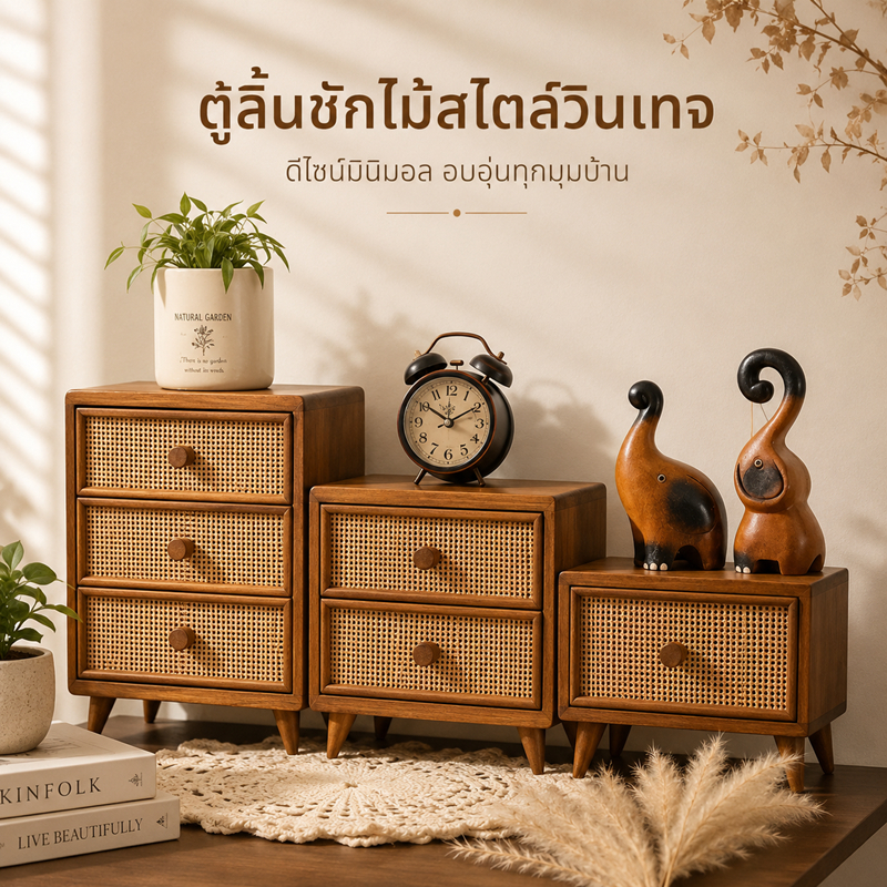 ตู้ลิ้นชักหวายเทียม 2 ชั้น สไตล์ญี่ปุ่น มูจิ สำหรับเก็บของตั้งโต๊ะ
