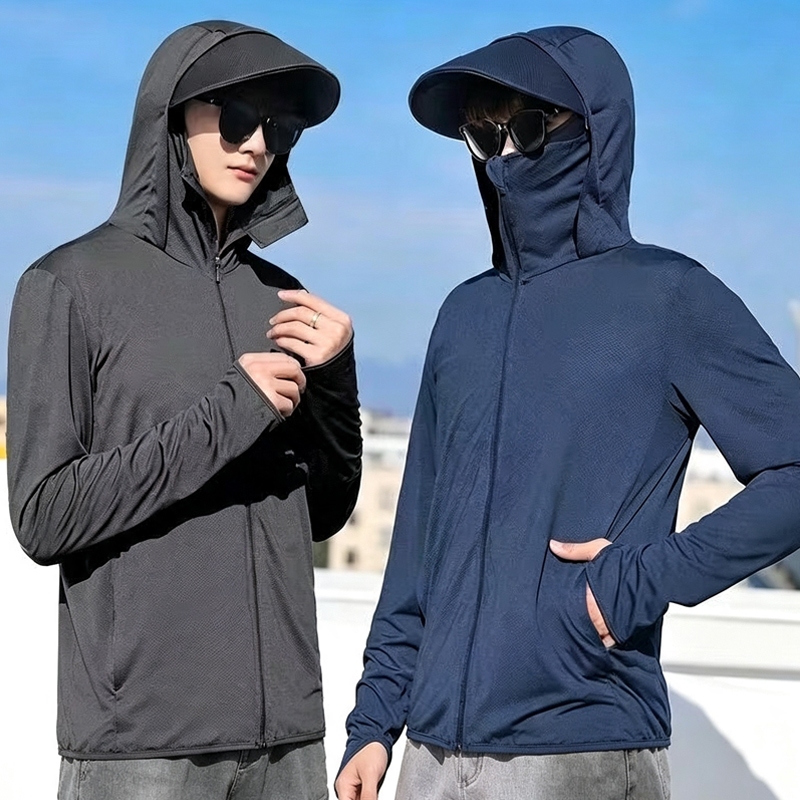 เสื้อกันแดดผู้ชายผ้าไหมเย็น ฤดูร้อน พร้อมหมวก หน้ากากในตัว UPF50+ กัน UV บางเบา ระบายอากาศดี เสื้อแขนยาวกลางแจ้ง