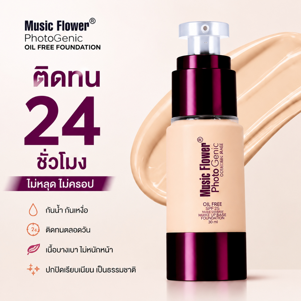 Photo Genic รองพื้นเนื้อครีมบางเบากันน้ำคุมมัน ไม่เหนียวเหนอะหนะ 30ML 24 ติดทนนานไม่ลบเครื่องสำอาง Oil Free Foundation
