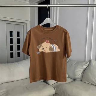 เสื้อ Boxy tee สไตล์เกาหลี ผู้หญิง พิมพ์ลายกระรอกโบว์น่ารัก ทรงกว้าง แขนสั้น ผ้าคอตตอน ใส่สบาย