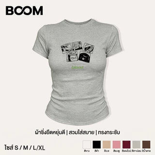 เสื้อเบบี้ที baby tee Y2K สไตล์เกาหลี ผู้หญิง พิมพ์ลายแผ่นเสียงอัลบั้มข้อความภาษาอังกฤษ แขนสั้น ทรงกระชับ แสดงรูปร่าง