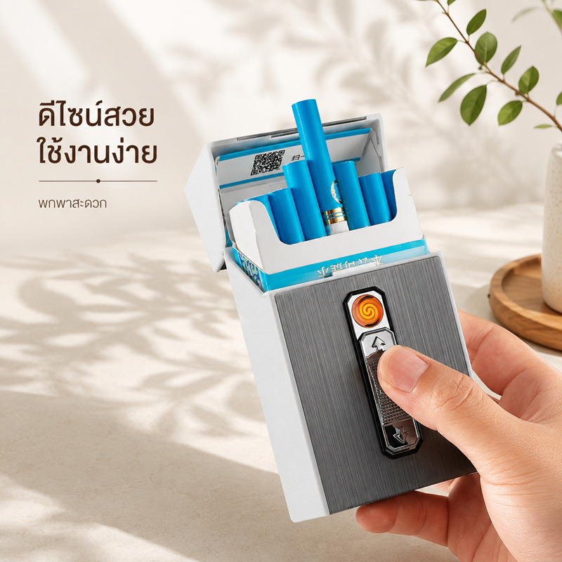 กล่องเก็บบุหรี่ พร้อมไฟแช็คUSBในตัว กันกระแทก อลูมิเนียมเกรดพรีเมียม บางเฉียบใส่ได้(20มวน )รุ่น 035C