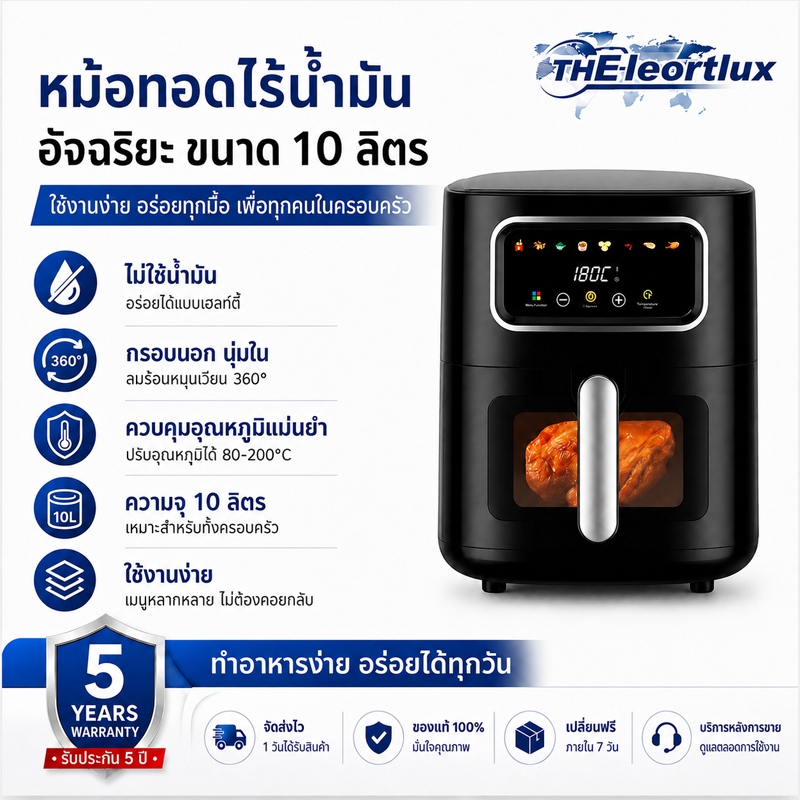 [รับประกันสินค้า 5 ปี] หม้อทอดไร้น้ำมัน 10L หน้าจอสัมผัส กระจกใสมองเห็นอาหาร ลมร้อน 360° ความจุใหญ่ Air Fryer