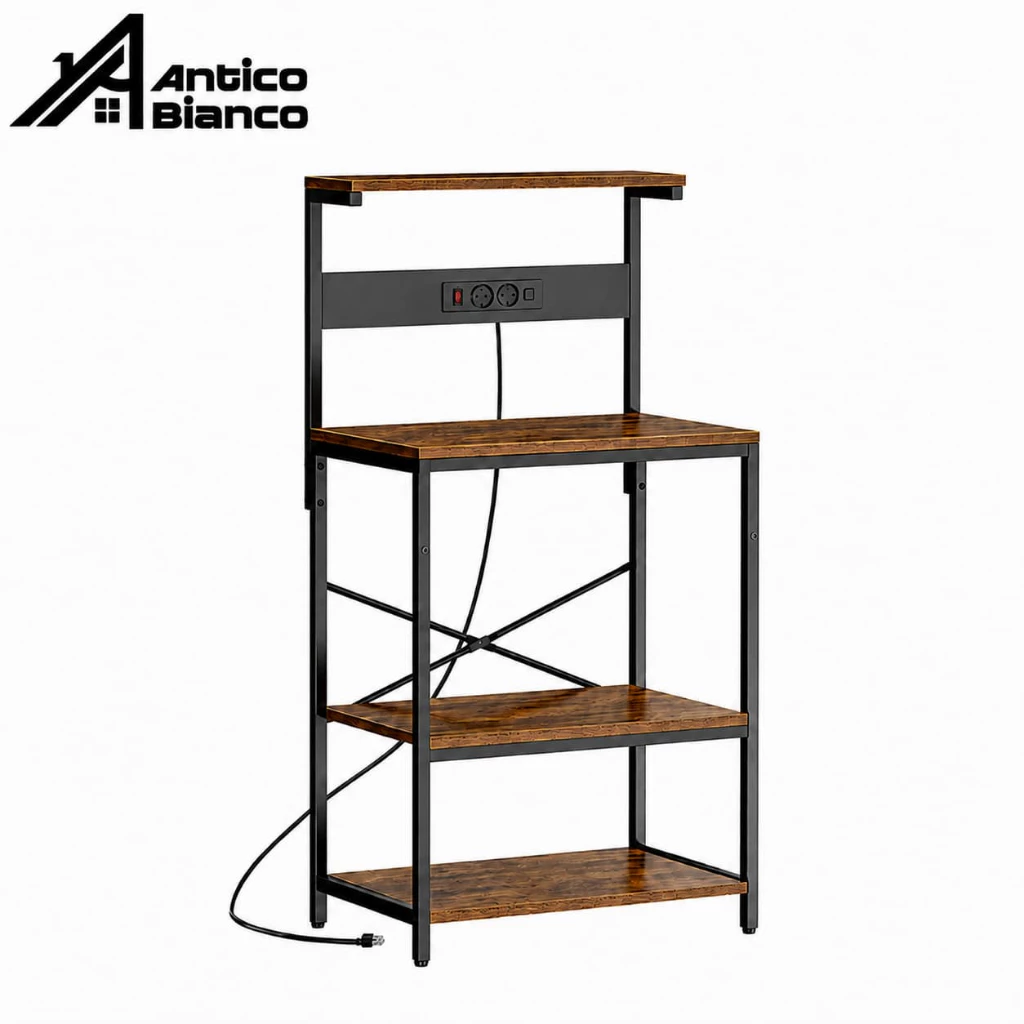 Antico ชั้นวางของ ขาตั้งไมโครเวฟ พร้อมปลั๊กไฟ[มาตรฐานยุโรป] อัน เหมาะสำหรับพื้นที่เก็บของในครัวขนาดเล็ก