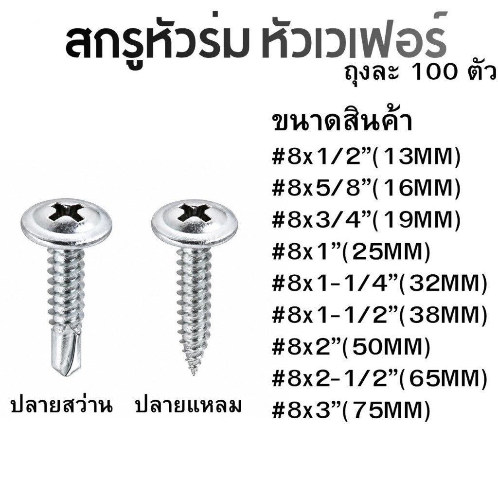 สกรูหัวหมวก หัวเวเฟอร์ เบอร์8 100ตัว