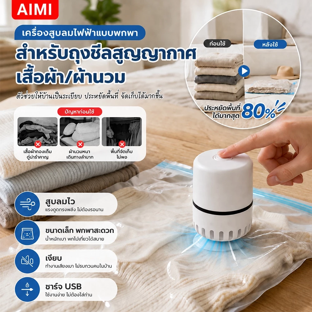 Aimi ถุงสูญญากาศ ถุงเก็บผ้า ถุงจัดระเบียบ ประหยัดพื้นที่ กันชื้น กันฝุ่น ตู้เสื้อผ้า ห้องนอน เดินทาง