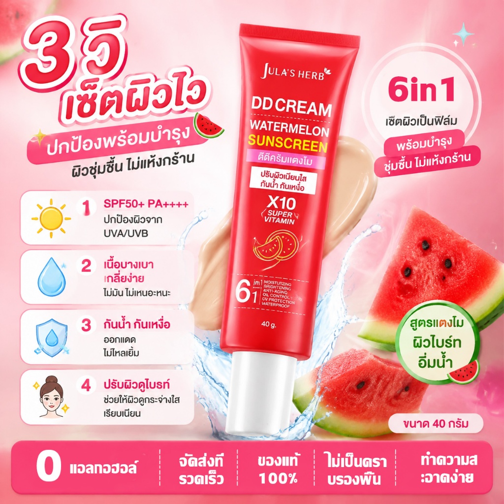 🔥ขายร้อน🔥จุฬาเฮิร์บ Jula's Herb DD Cream Watermelon กันแดด ครีมกันแดด กลิ่นแตงโม SPF50+ วิตามิน 6 in 1 40g ใช้กลางแจ้ง